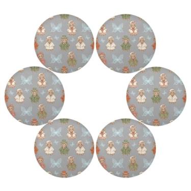 Imagem de Wassud Jogo americano conjunto de 6 tapetes de mesa redondos vintage ursos para cozinha e jantar tapetes laváveis resistentes ao calor decoração de mesa 39 cm