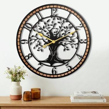 Imagem de Axioglo Relógio de parede, relógio de parede grande de 61 cm para decoração de sala de estar, árvore da vida e design de moldura de madeira, funciona com bateria sem tique-taque, para sala de jantar