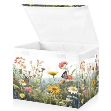 Imagem de Blueangle Cestos de armazenamento de borboleta Wildflowers com tampas, 42 x 32 x 30 cm, grande cesta organizadora dobrável para decoração de escritório e armário (100)