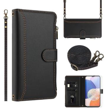 Imagem de Asuwish Capa de telefone para Samsung Galaxy A14/M14 5G capa carteira com protetor de tela de vidro temperado alça transversal de couro flip zíper suporte para cartão de crédito celular A 14 4G 14A