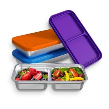Imagem de ZOMOVOR Pacote com 3 recipientes de lanche de aço inoxidável com tampas de silicone, 2 compartimentos, recipientes de armazenamento de alimentos para casa, escola, escritório, viagem, festa e mais