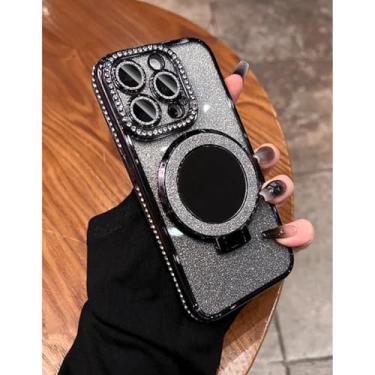 Imagem de HTVJFX Suporte de espelho com revestimento de luxo para iPhone 16 Pro Max, moldura e capa protetora para lente (para iPhone 16 Pro Max/capa preta com suporte)