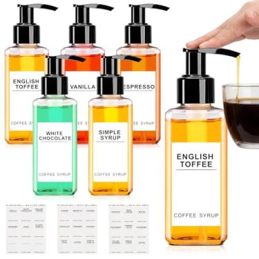 Imagem de Nuogo Conjunto de 6 dispensadores de xarope de café 750 ml, 500 ml, 300 ml, 150 ml, garrafas de xarope preto para animais de estimação com dispensador de bomba, 27 etiquetas para cafeteria, acessórios
