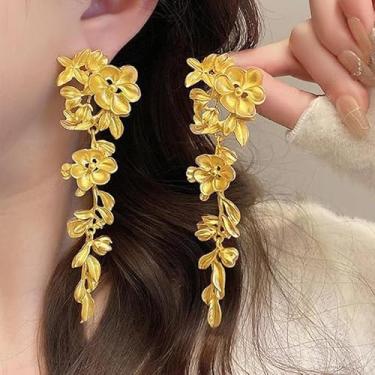 Imagem de Brincos femininos boêmios com pingente floral, banhado a ouro 14 K, vintage, joia dourada grossa, presente