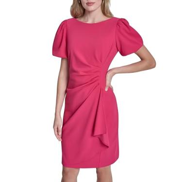 Imagem de DKNY Vestido feminino de manga curta, gola canoa, franzido lateral, rosa choque, 2