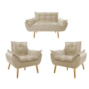 Imagem de Kit Namoradeira e 02 Poltronas Opala Palito Mel Suede Bege - Doce Sonh