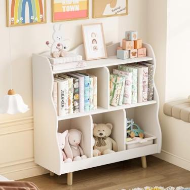 Imagem de Treocho Estante infantil e orangizador de armazenamento de brinquedos, estante infantil de madeira de 3 camadas com design curvo, armário de armazenamento de 5 cubos com pernas para quarto infantil