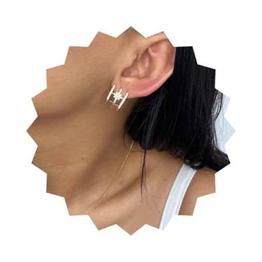 Imagem de ROHNES Brinco Triplo Estrela Central Cravejado Folheado a Ouro 18k, Dourado, Aço Inoxidável, Zircônias