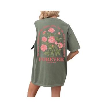 Imagem de Camiseta Feminina Rosa Floral De Algodão Estilo Hip Hop Manga Curta Ve