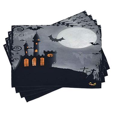 Imagem de Lunarable Conjunto de 4 tapetes vintage de Halloween, casta assimétrica temática de outubro, morcegos e fantasmas assustadores, lua cheia, jogo americano de tecido lavável para mesa de jantar, tamanho