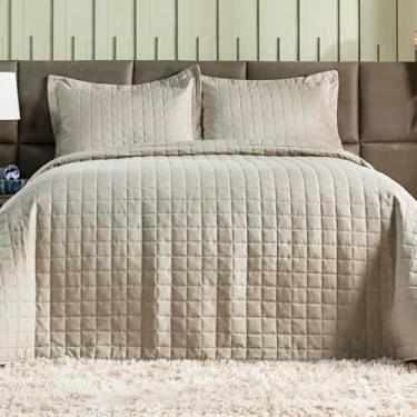 Imagem de Kit Colcha Bouti Cobre Leito Casal Tecido Estampado Dupla Face 03 Peças - Fronhas Aba Americana - Matelado (2,10m x 2,40m) (BEGE COB02)