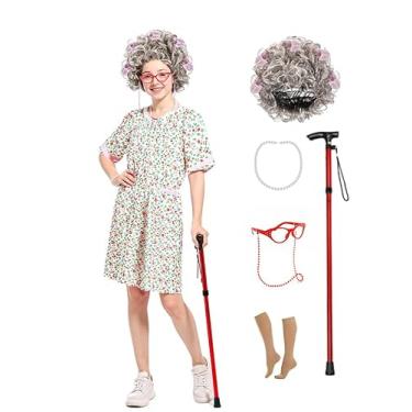 Imagem de MEDEJU Kit de fantasia de senhora para mulheres – Conjunto completo de Halloween com camisola, peruca cinza realista, bengala e acessórios (cosplay de avó, tamanho adulto)