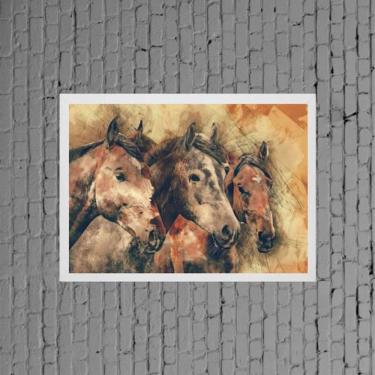 Imagem de Quadro Decorativo Cavalos Artísticos 24X18Cm Moldura Branca