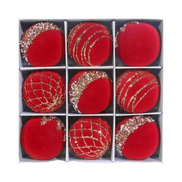 Imagem de Enfeites De Natal Em Veludo Verde Flocado Inquebráveis 9 Peças Bolas P