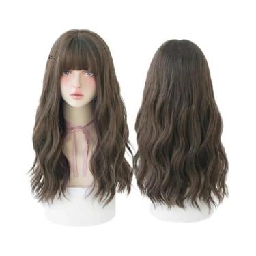 Imagem de Peruca Azul Com Ondas Profundas E Franja Para Mulheres, Longa, Marrom 