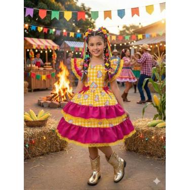 Imagem de Vestido Junino Infantil Luxo Coração Junino Amarelo - Festas Juninas -