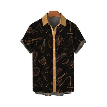 Imagem de Camisa Masculina Havaiana De Manga Curta Em Ouro Escuro Com Estampa De