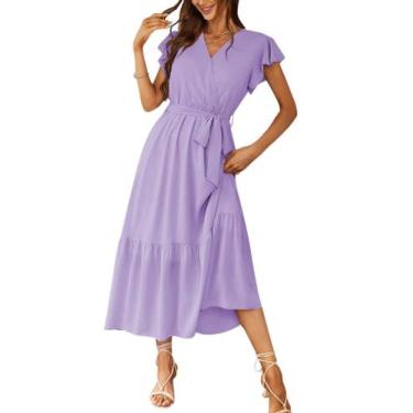Imagem de Vestido PRETTYGARDEN Envelope Decote V Floral com Cinto Roxo P