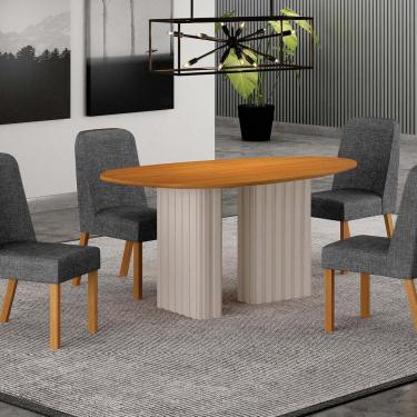 Imagem de Conjunto Sala de Jantar Tampo Orgânico Mdf 135cm com 4 Cadeiras Isis Off White/Cinamomo/Cinza