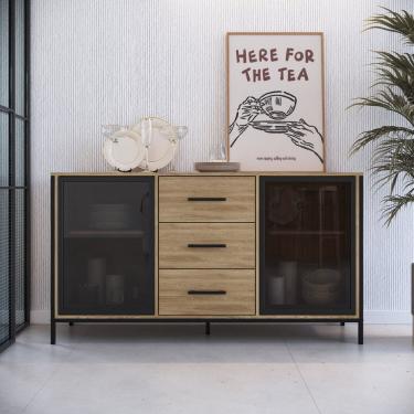 Imagem de Balcão Buffet 150cm com 2 Portas de Vidro e 3 Gavetas Duo Oak/Preto