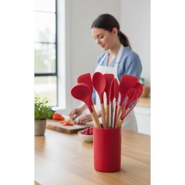 Imagem de Kit 12 Utensílios Silicone Vermelho Premium Cabo Madeira - Congratulat