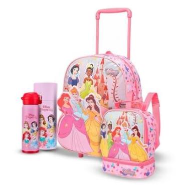 Imagem de Kit PréEscolar Mochila de Rodinhas Lancheira Térmica Garrafa 480ml Princesas Disney-Fem...