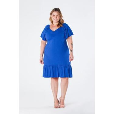 Imagem de Vestido Curto Plus Size com Decote V Manga Ampla e Barra de Babado Azu
