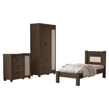Imagem de Conjunto de Quarto Solteiro Clara Cama Comoda e Guarda Roupa Mdf 95cm Chocolate Milani Movelaria