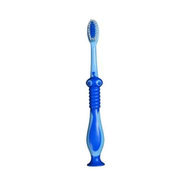 Imagem de Escova Dental Infantil Macia Azul Com Capa e Ventosa +3 Anos Dino Gree