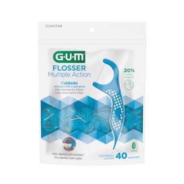 Imagem de Flosser GUM Multipla Ação, Fio Dental com haste, Sabor Menta, 40 unid., Gum, Azul