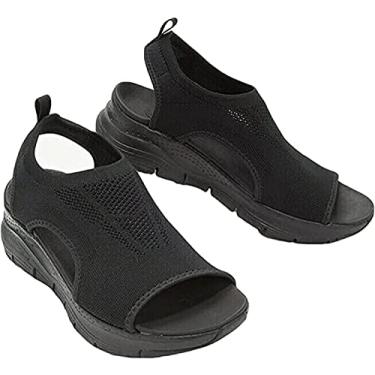 Imagem de Sandálias casuais de malha confortável com boca de peixe com sola macia de malha casual sapatos femininos, sandálias esportivas ortopédicas de verão (37, preto)