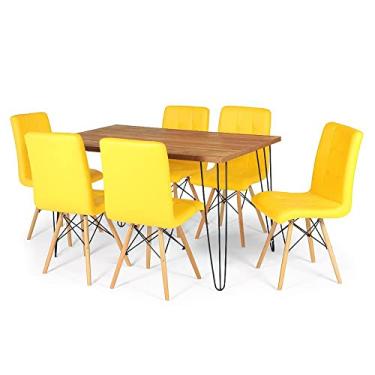 Imagem de Conjunto Mesa de Jantar Hairpin 130x80 Natural com 6 Cadeiras Eiffel Gomos - Amarelo