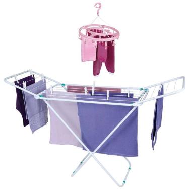 Imagem de Kit Varal Chão Com Abas 144cm Aço Roupas Dobrável + Mini Varal Redondo Prendedor - Mor