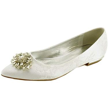 Imagem de Sapato feminino com strass cadarço bico fino sapatos sem salto para noivas, Marfim, 9