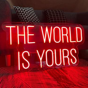 Imagem de Placa de neon The WORLD IS YOURS 3D personalizada neon luzes de LED neon 60 x 31 cm placa neon quarto despedida de solteira lembrancinhas de aniversário para decoração de parede decoração de quarto rosa ou placas de bar neon de Natal