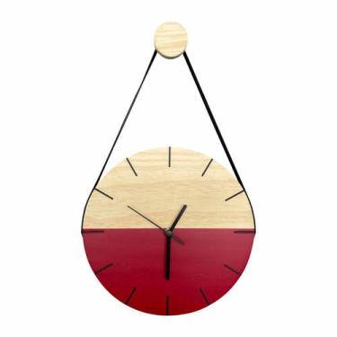 Imagem de Relógio De Parede Em Madeira Minimalista Vermelho Detalhes Em Preto Co