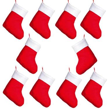 Imagem de Artiflr Christmas Mini Stockings, 10 Pack 6 inchesRed Xmas Classic Stocking with Plush Cuff, Gift Card Silverware Holders, Small Rustic Red Xmas Tree Decorations Set