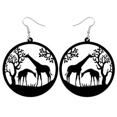Imagem de NEWEI Brincos de girafa africanos redondos grandes vazados de acrílico para mulheres pingente de pingente de joia de animal Preto