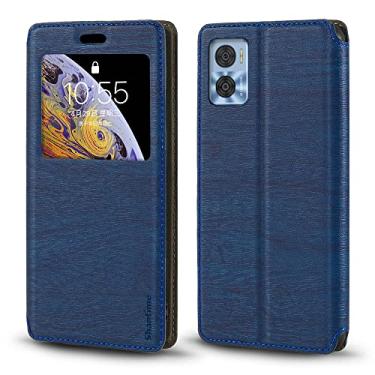 Imagem de Capa para Motorola Moto E22 4G, capa de couro de grão de madeira com suporte de cartão e janela, capa flip magnética para Motorola Moto E22i 4G (6,5 polegadas) azul