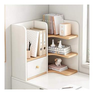 Imagem de KIZQYN Estante de livros de mesa com 1 gaveta de madeira de bancada de canto materiais de escritório Economize espaço organizador de mesa acessórios rack de exibição estante (cor: lado esquerdo, tamanho: 50x30x50cm)