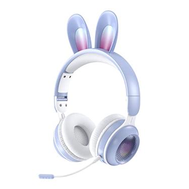 Imagem de Fones de ouvido de orelha de coelho sem fio com microfone, jogo fofo rgb estéreo jogo dobrável aux 3,5mm tf card hapntes de orelha excessiva ajuste infantil garotas blue