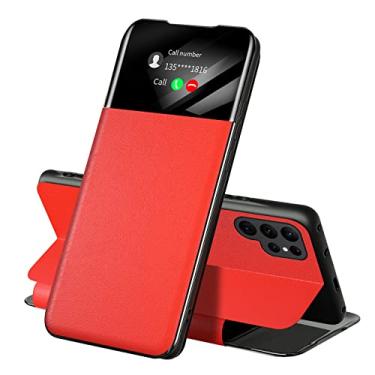 Imagem de KVIBEO Capa para Samsung Galaxy S23 Ultra/S23 Plus/S23, capa fólio com função de visualização de janela e hibernação automática antiarranhões à prova de choque, vermelha, S23 Ultra