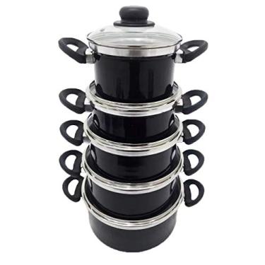 Imagem de Jogo 5 Panelas Luxo Alumínio Batido Tampa Vidro Preto- Absoluto Metais