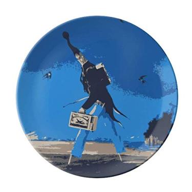 Imagem de Prato de ilustração grotesco com fundo azul de desenho animado de porcelana Salver Prato de jantar