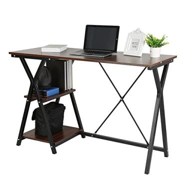 Imagem de GRFIT Mesa de computador estilo simples mesa de computador moderna para escritório doméstico mesa de computador industrial com prateleiras de armazenamento de 2 camadas 120 cm estação de trabalho resistente para escrita, mesa marrom para PC
