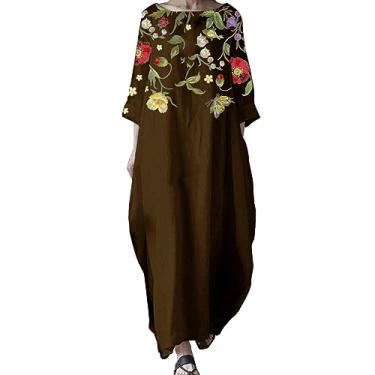 Imagem de UIFLQXX Vestido feminino plus size verão vintage estampa floral vestido longo gola redonda manga 3/4 casual vestido solto, Marrom, P