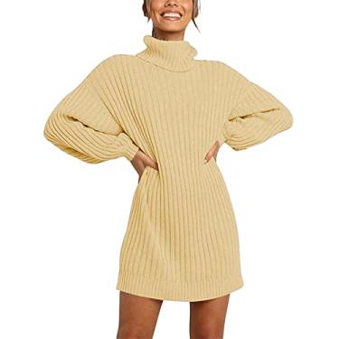 Imagem de Vestido feminino solto de gola rolê suéter de manga comprida vestido de suéter outono inverno sólido vestido midi grande, Cinza, M