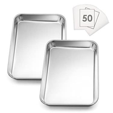 Imagem de Conjunto de 2 assadeiras E-far de 26,7 cm x 21 cm de aço inoxidável para torradeira com 50 papel manteiga, bandeja retangular para cozinhar, sem ferrugem e resistente, pode ser lavada na lava-louças