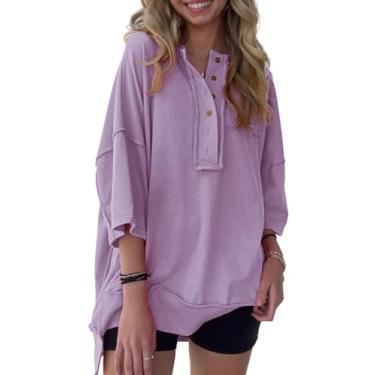 Imagem de Irsutey Camiseta feminina de cor sólida gola meio botão meia manga solta casual diária, Roxo, G