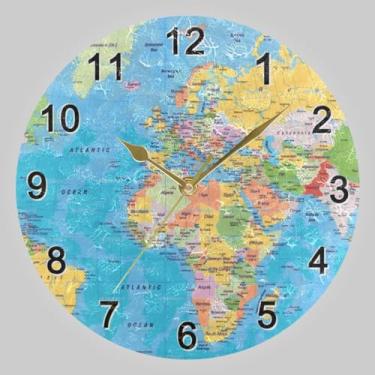 Imagem de CHIFIGNO Relógio redondo com pintura de mapa-múndi 25,4 cm, relógio de parede silencioso sem tique-taque, decoração relógio de parede para casa, escola, escritório